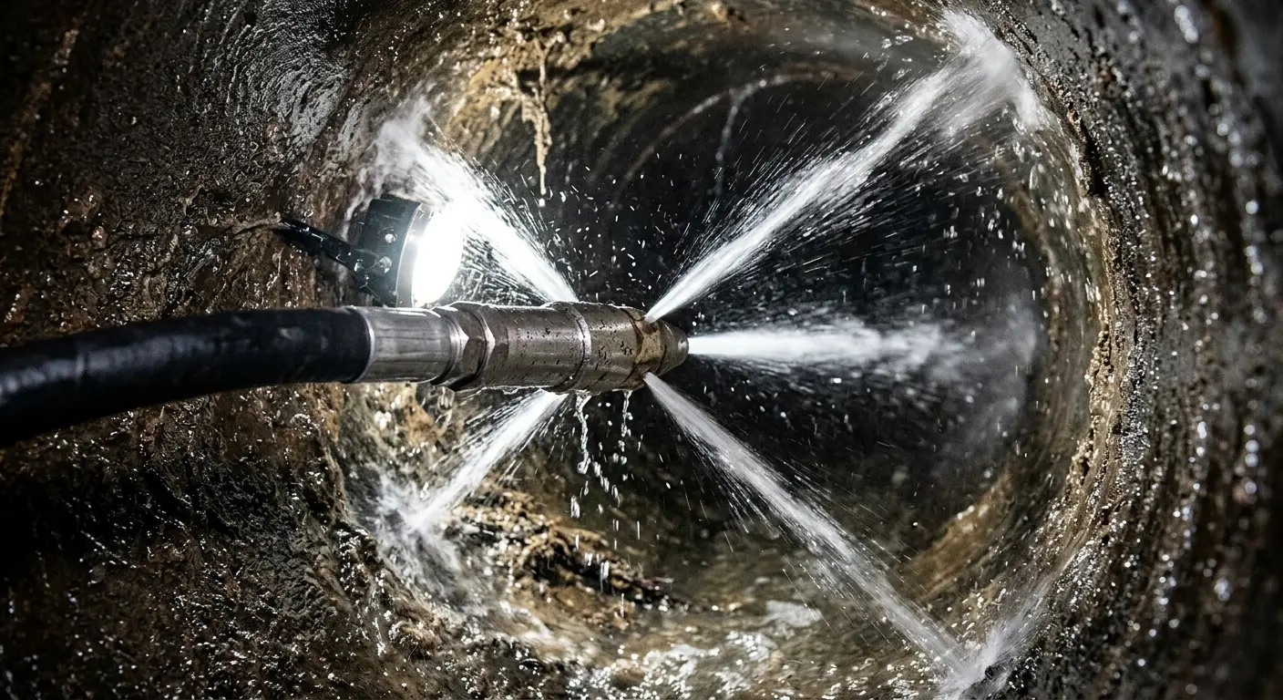 High-pressure hydro jetting nozzle cleaning sewer pipe for Trenchless Sewer Repair in Woodlawn