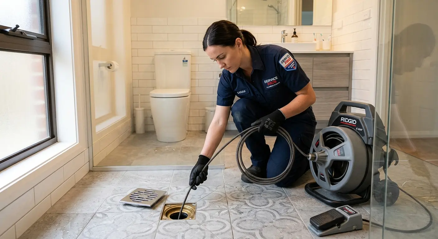 Technician clearing a bathroom floor drain for Drain Cleaning in Woodlawn